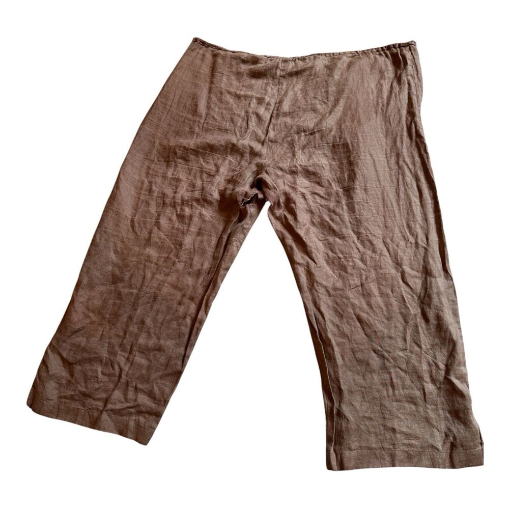 Eileen Fisher Brown Linen Wide Leg Pull On Drawstring Pants Large Flawed